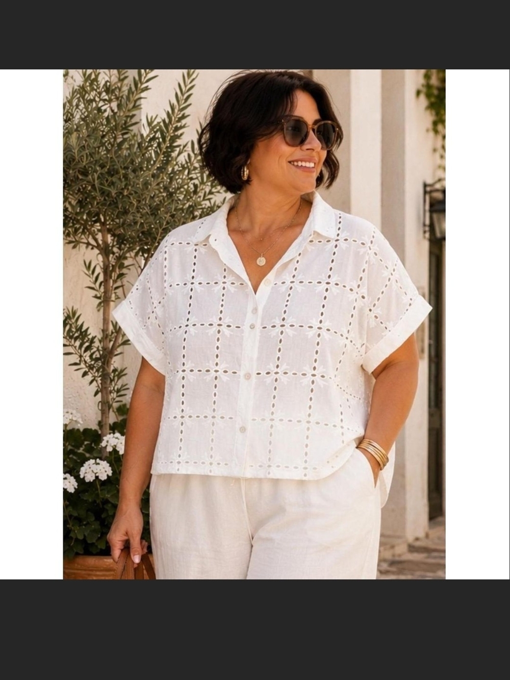 Vigoss XXL White Eyelet Button Front Boxy Shirt Oversized Resort Coastal